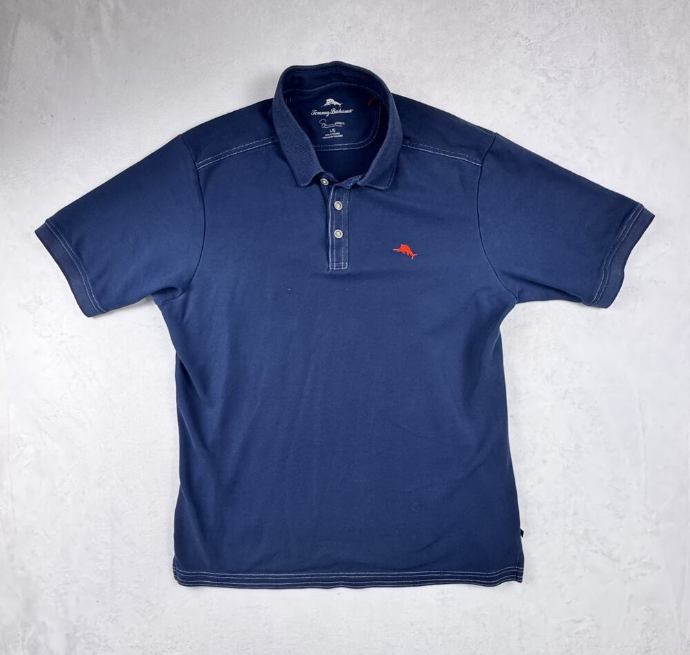 Tommy Bahama Emfielder Polo Shirt Navy Blue Red Marlin Logo Mens Large